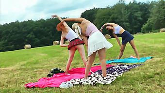 Yoga And Gymnastics Outdoors With Hot Teen Girls In School Uniforms